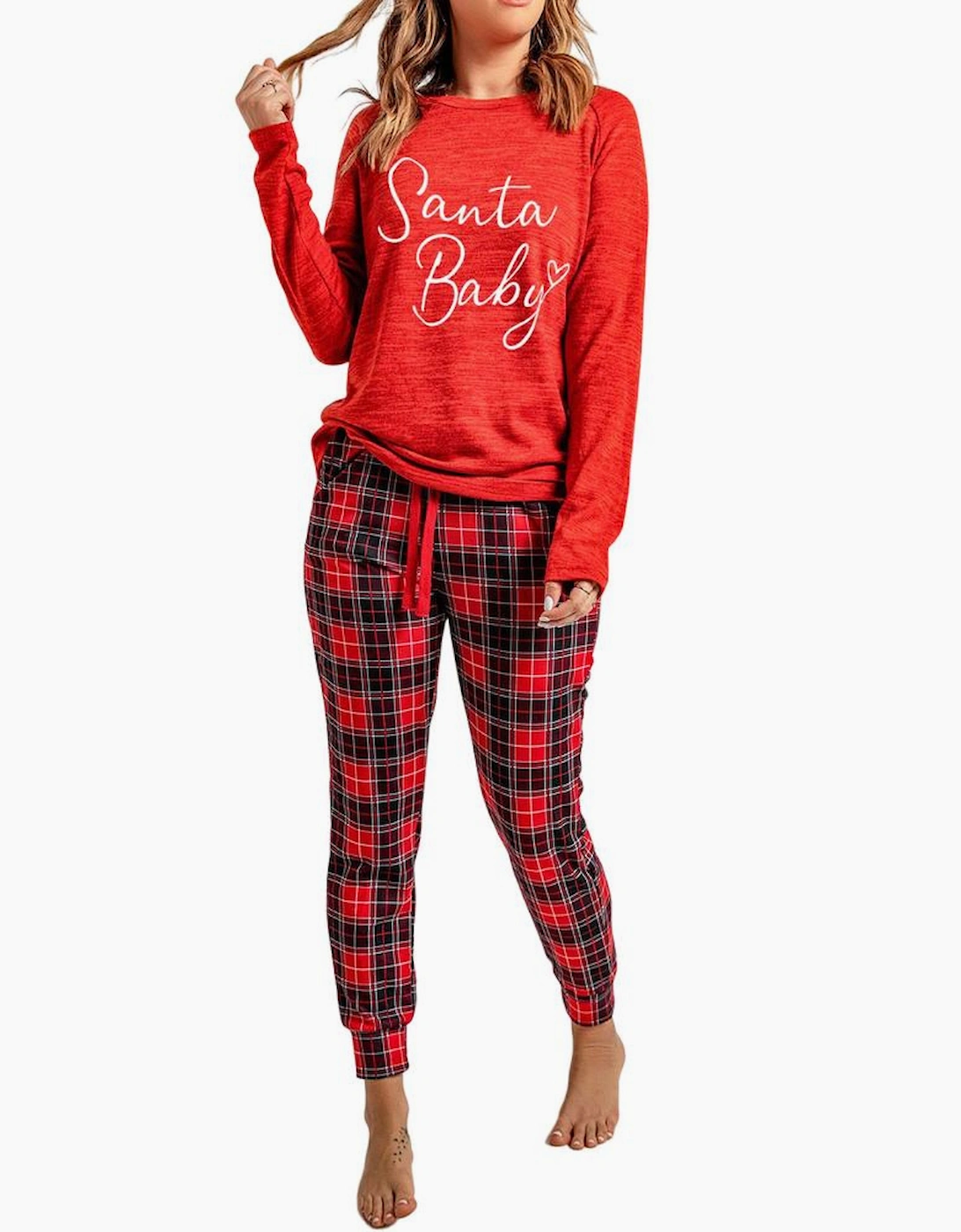 Red Santa Baby Plaid Print Two Piece Pajama Set