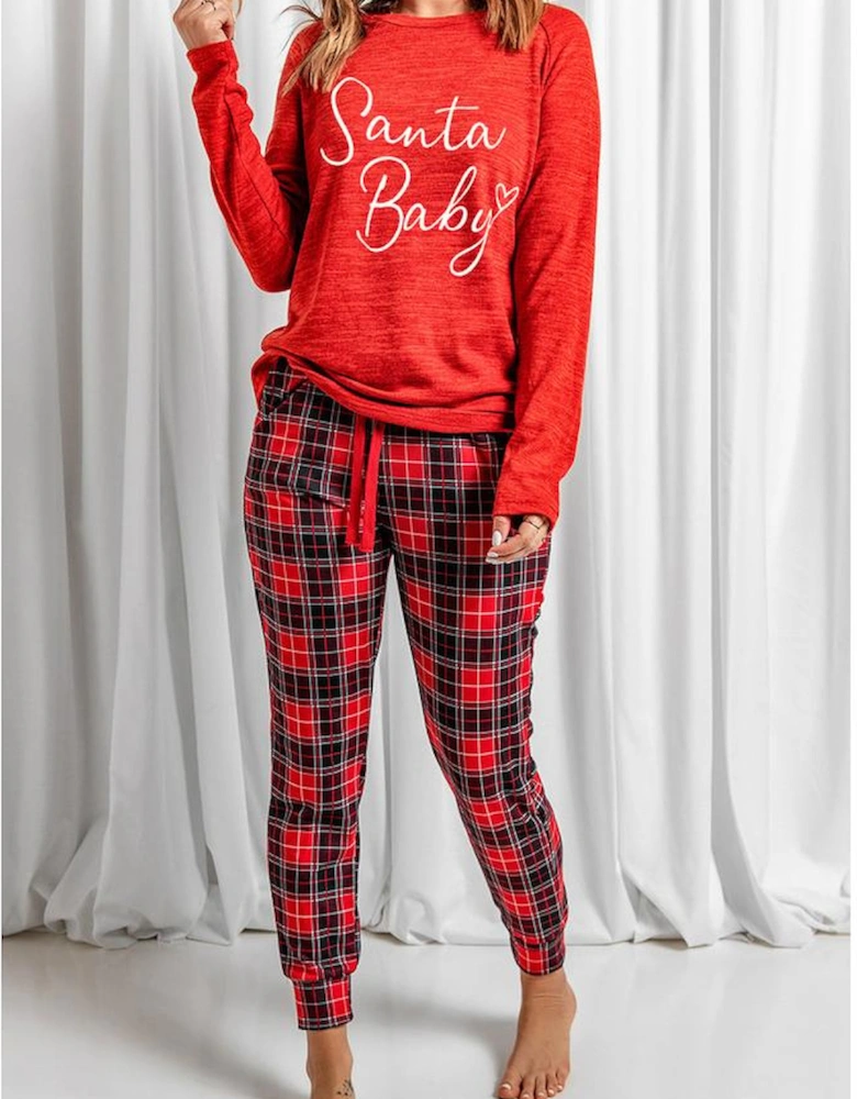 Red Santa Baby Plaid Print Two Piece Pajama Set