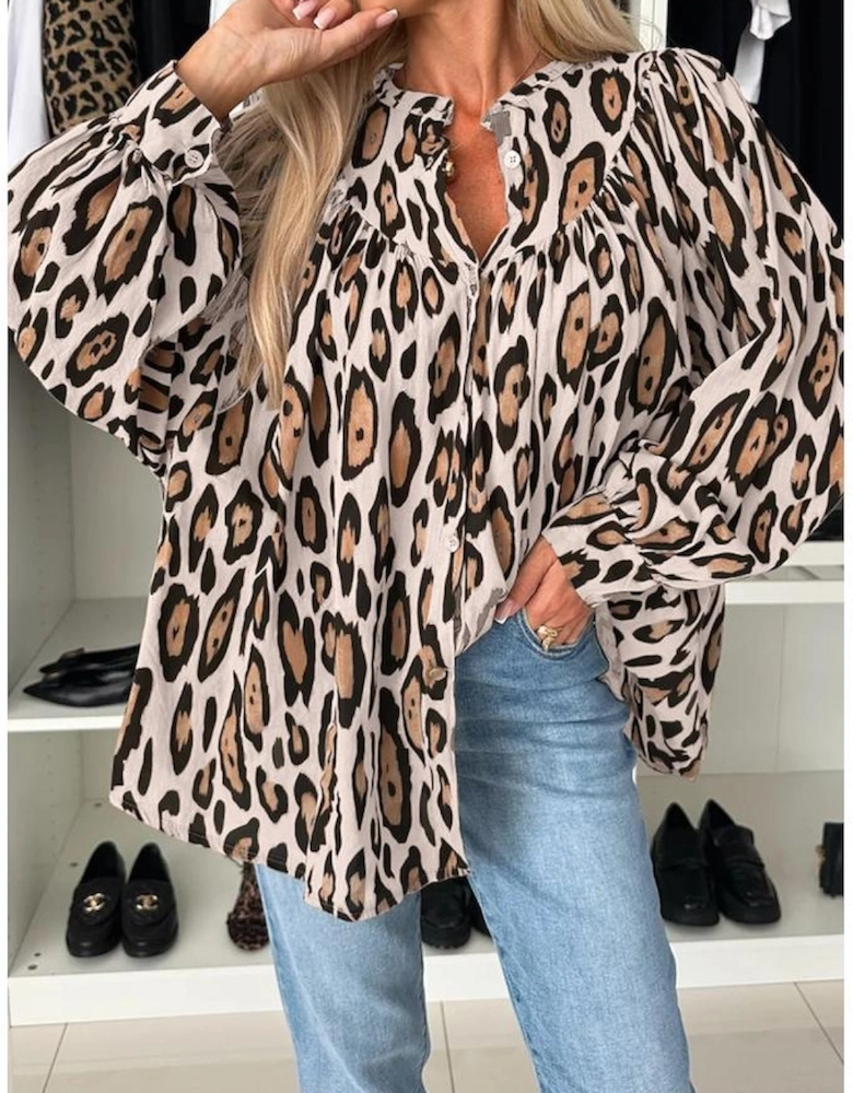 Jet Stream Oversized Leopard Print Balloon Sleeve Casual Shirt
