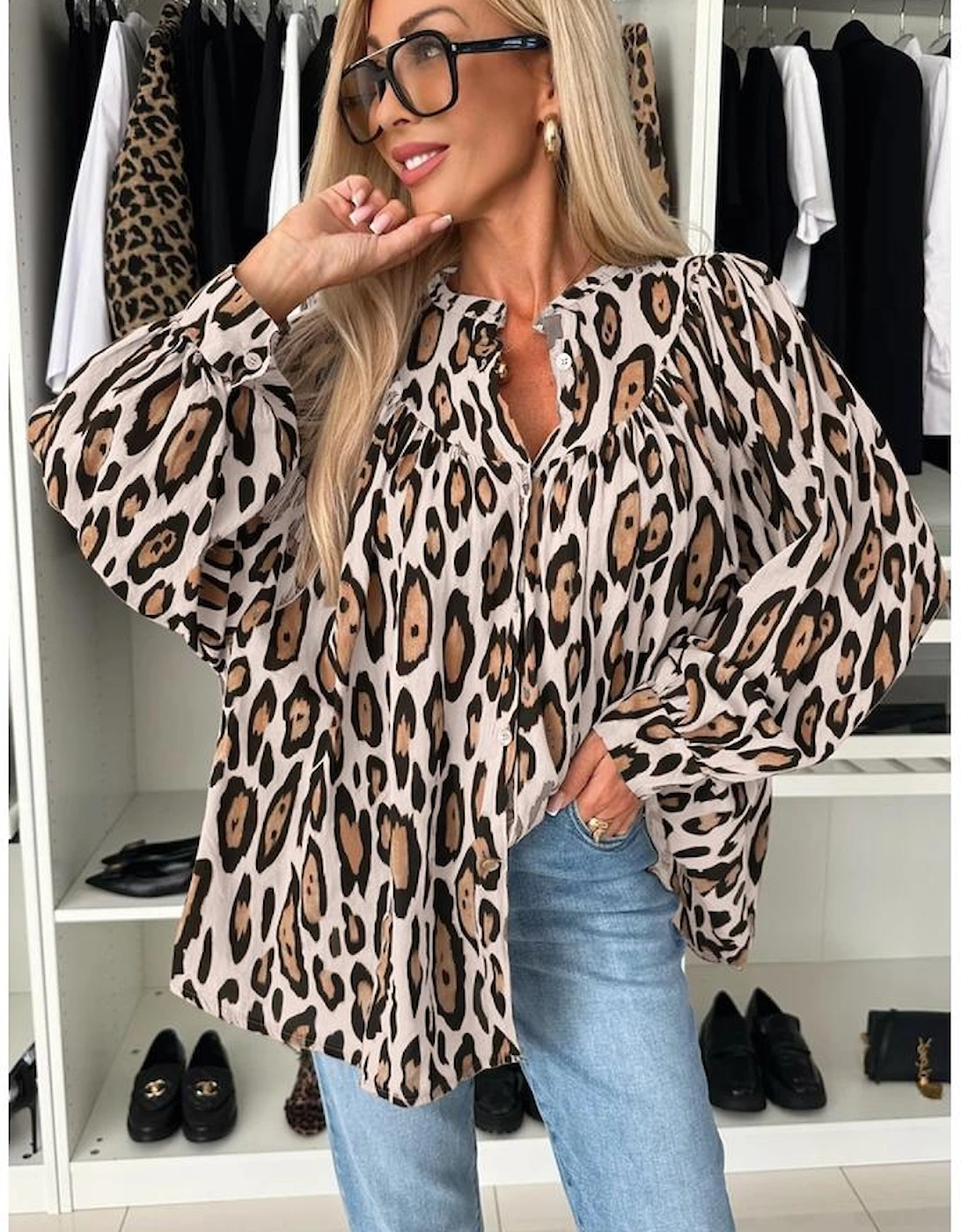Jet Stream Oversized Leopard Print Balloon Sleeve Casual Shirt, 5 of 4