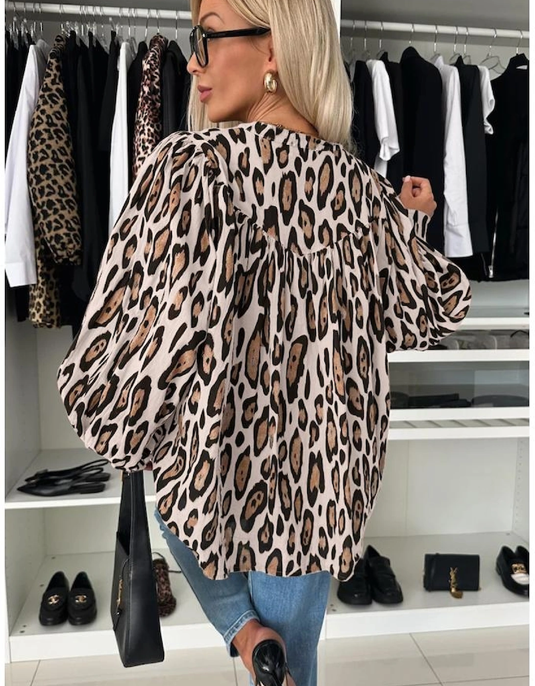 Jet Stream Oversized Leopard Print Balloon Sleeve Casual Shirt