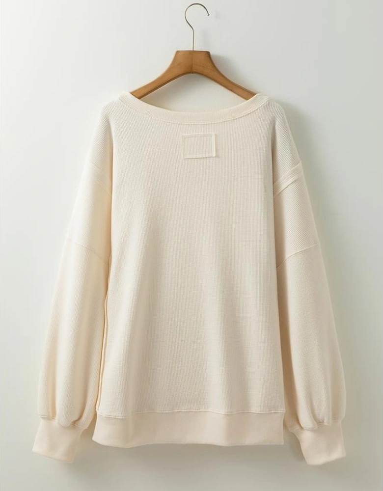 White Solid Color Waffle Knit Drop Shoulder Plus Size Sweatshirt