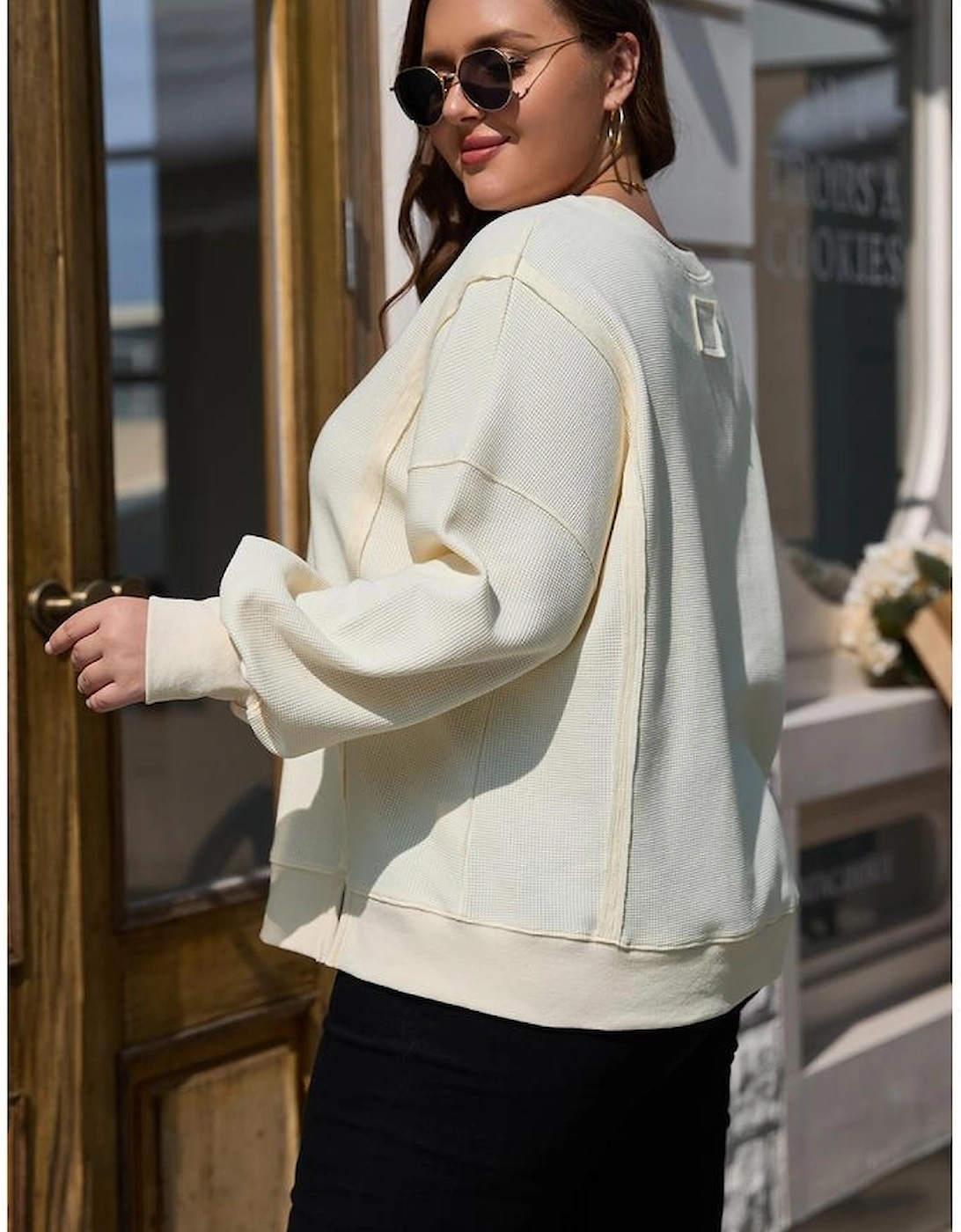 White Solid Color Waffle Knit Drop Shoulder Plus Size Sweatshirt