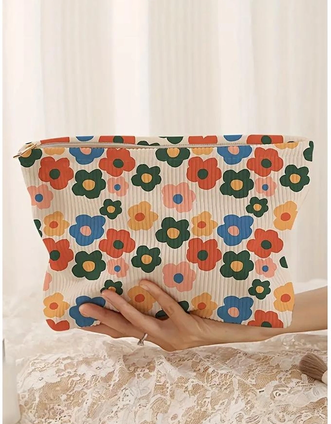 Red Colorful Flower Printed Rib Textured Cosmetic Bag, 6 of 5