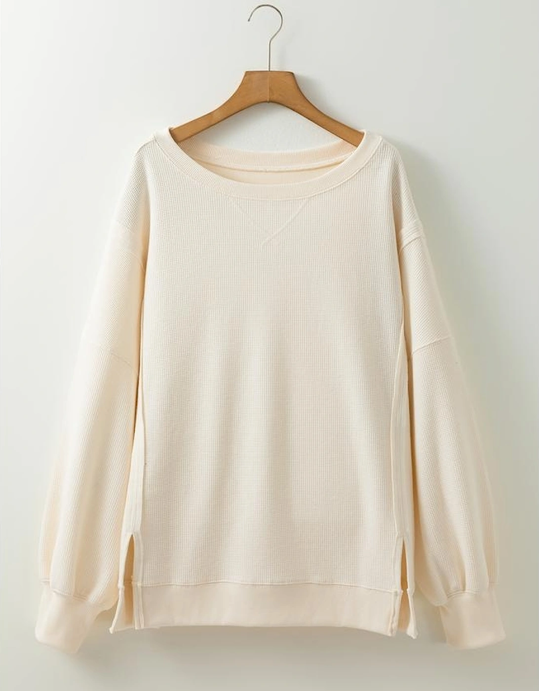 White Solid Color Waffle Knit Drop Shoulder Plus Size Sweatshirt