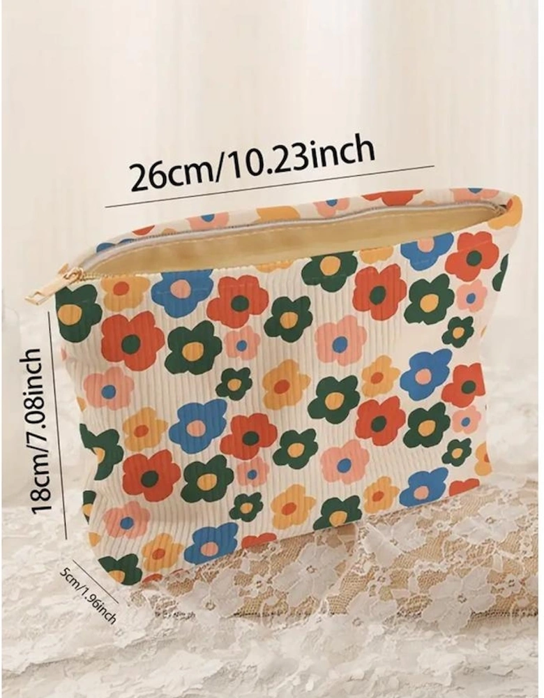 Red Colorful Flower Printed Rib Textured Cosmetic Bag