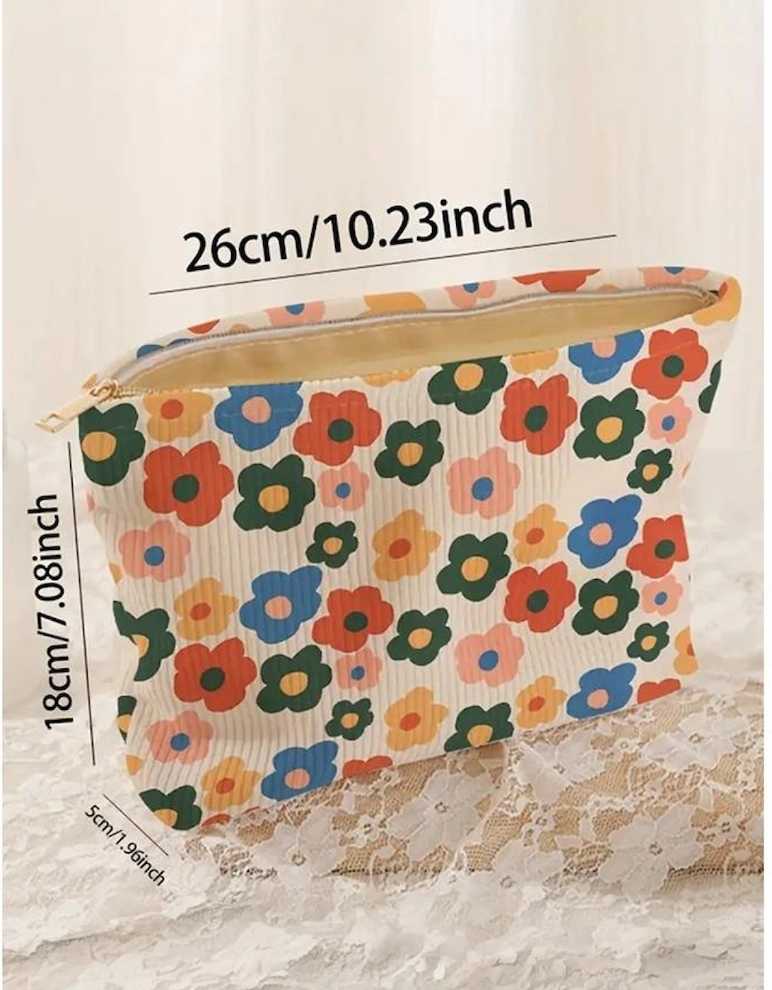Red Colorful Flower Printed Rib Textured Cosmetic Bag