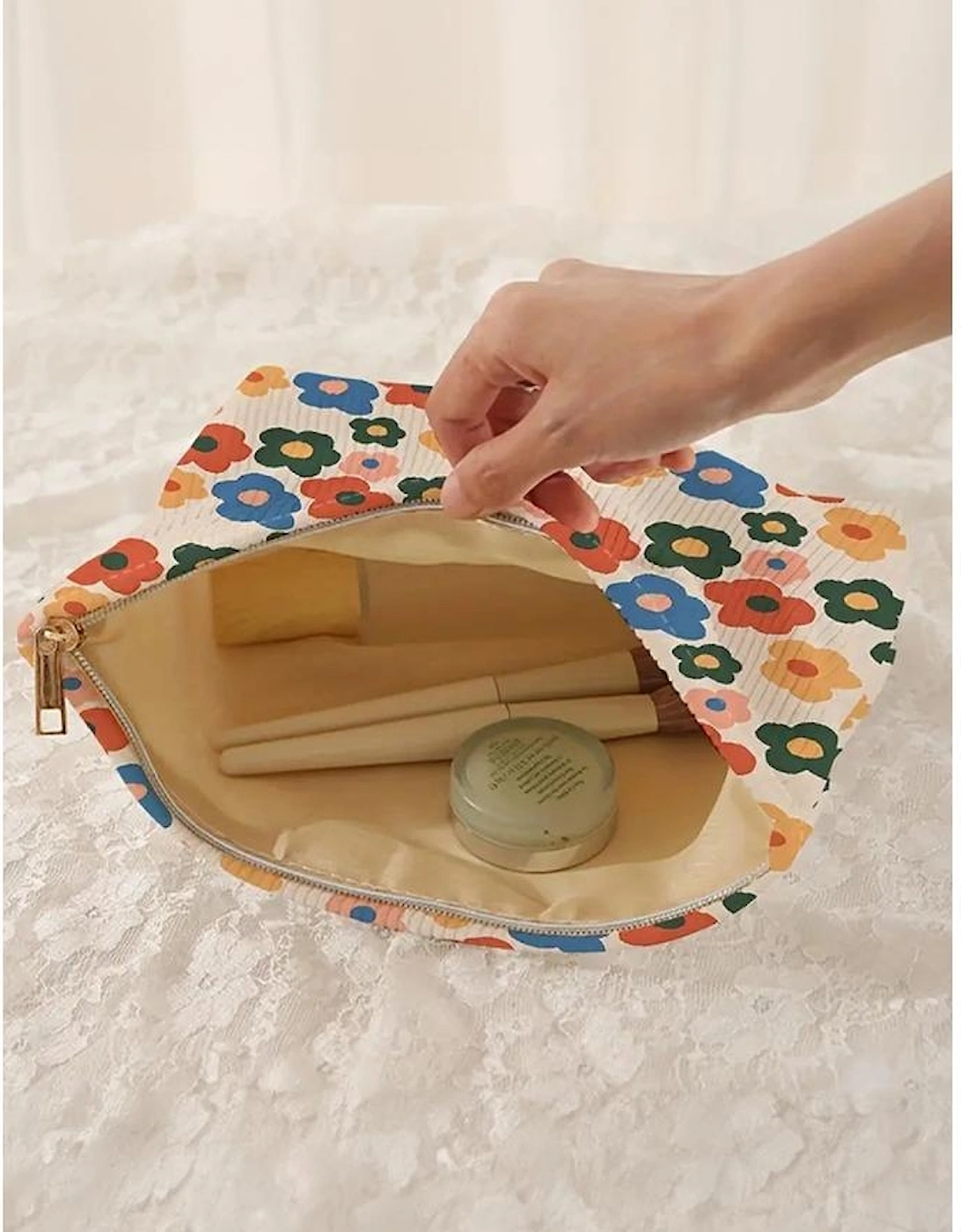 Red Colorful Flower Printed Rib Textured Cosmetic Bag