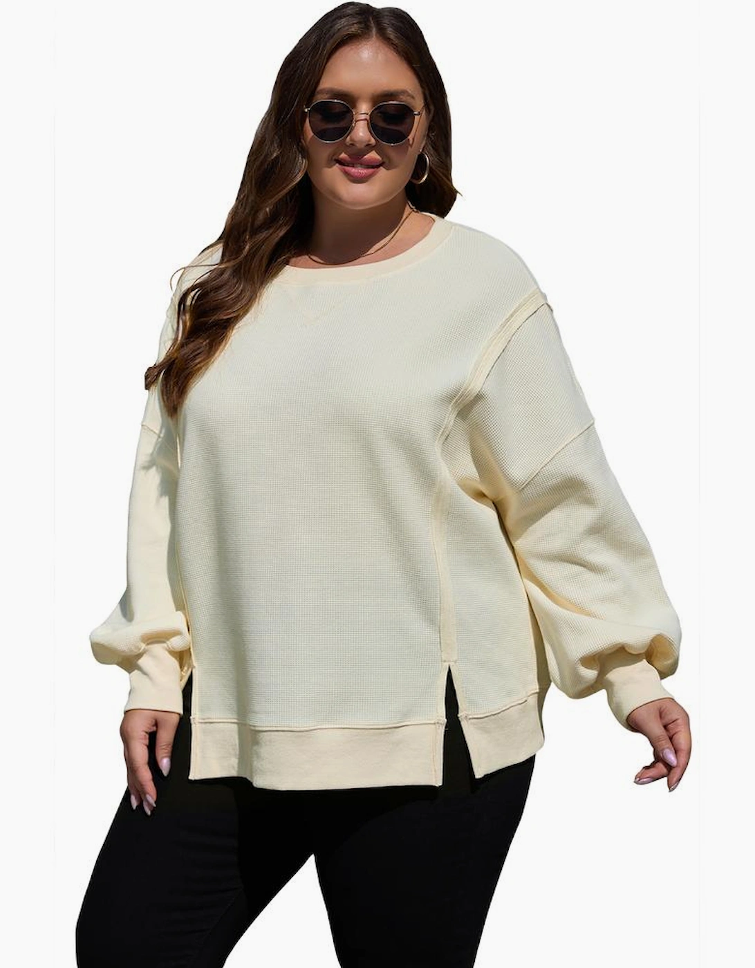 White Solid Color Waffle Knit Drop Shoulder Plus Size Sweatshirt