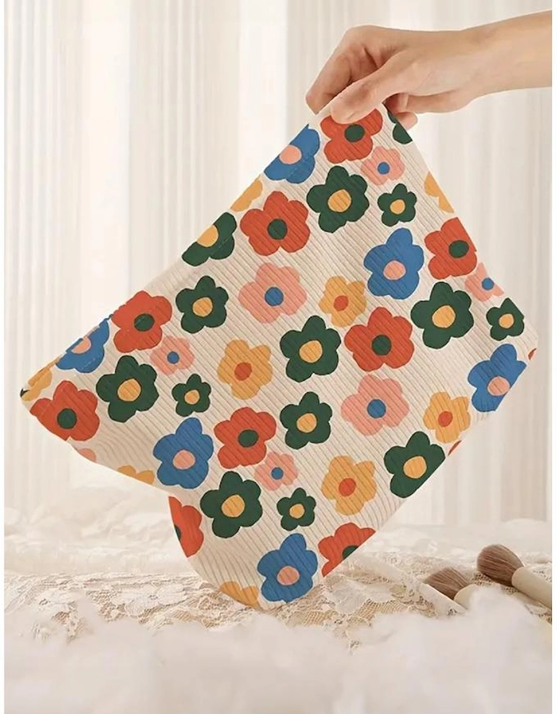 Red Colorful Flower Printed Rib Textured Cosmetic Bag