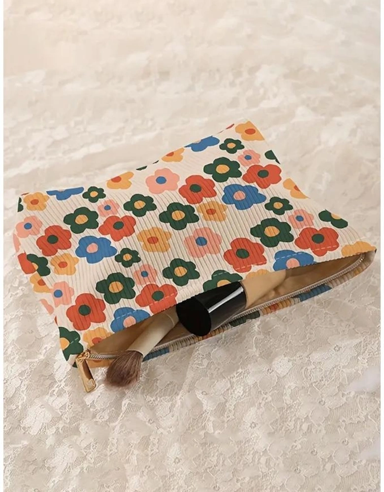 Red Colorful Flower Printed Rib Textured Cosmetic Bag