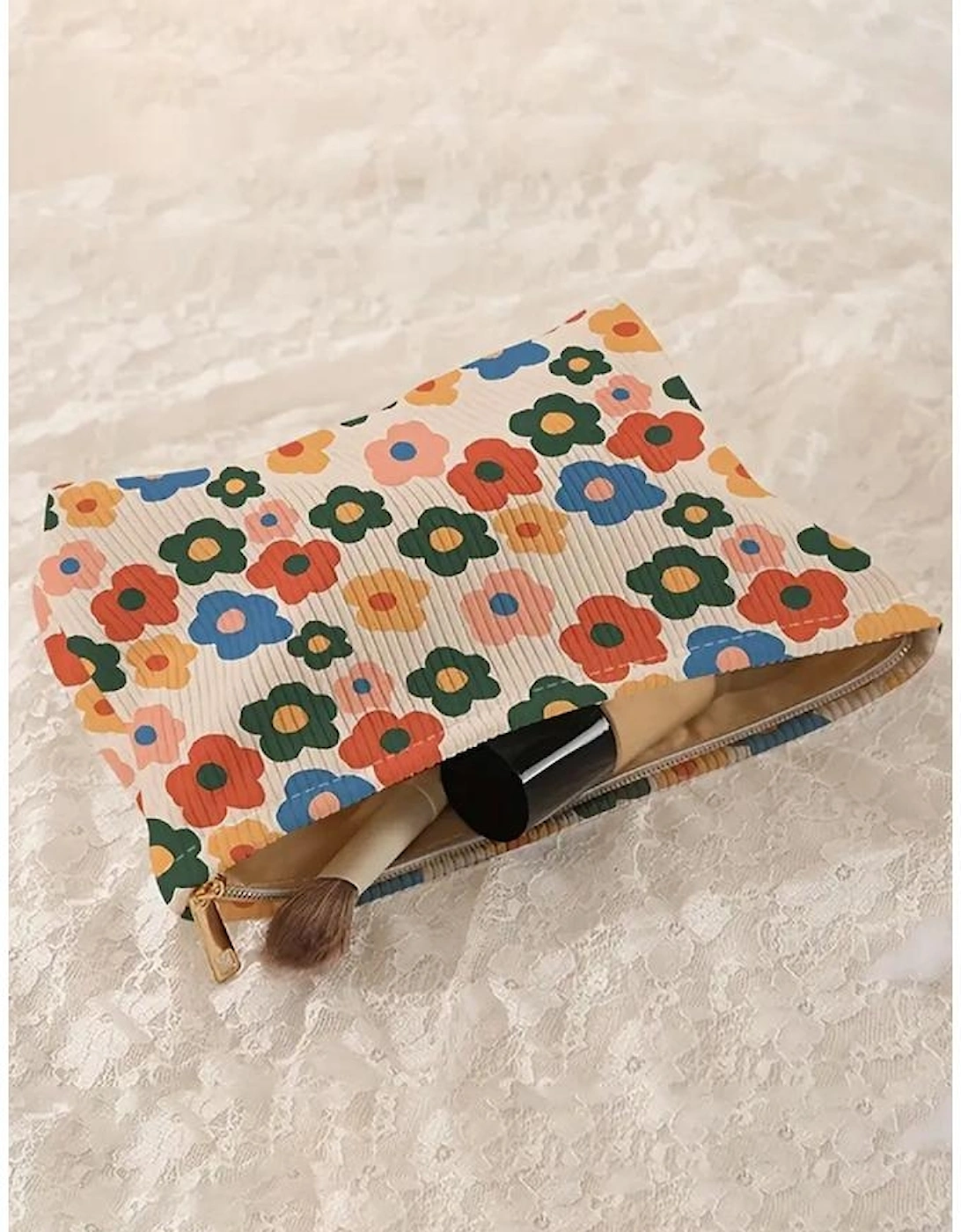 Red Colorful Flower Printed Rib Textured Cosmetic Bag