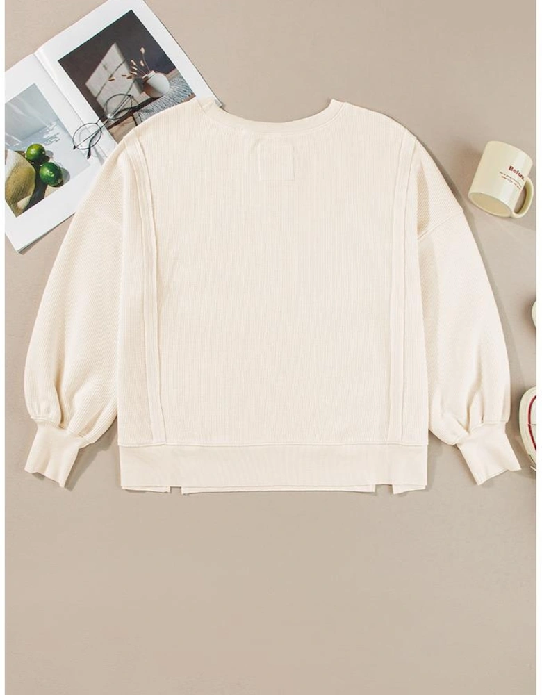 White Solid Color Waffle Knit Drop Shoulder Plus Size Sweatshirt