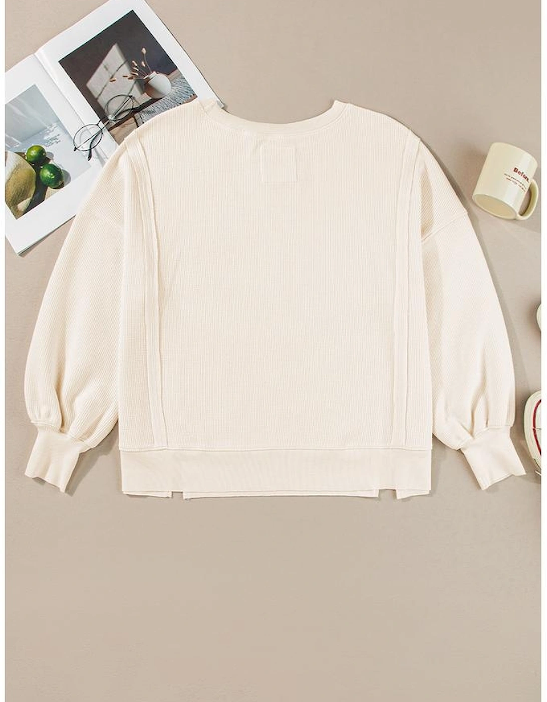 White Solid Color Waffle Knit Drop Shoulder Plus Size Sweatshirt