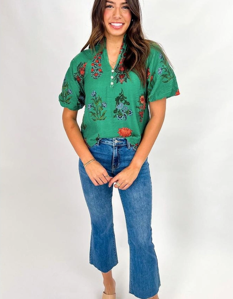 Bright Green Floral Print Buttoned V Neck Short Sleeve Blouse