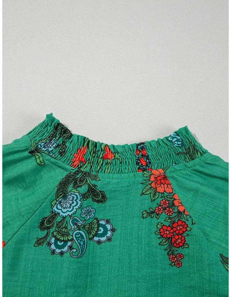 Bright Green Floral Print Buttoned V Neck Short Sleeve Blouse
