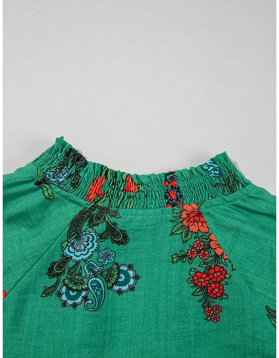 Bright Green Floral Print Buttoned V Neck Short Sleeve Blouse