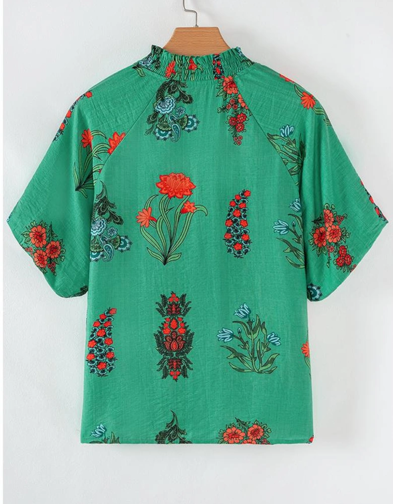 Bright Green Floral Print Buttoned V Neck Short Sleeve Blouse