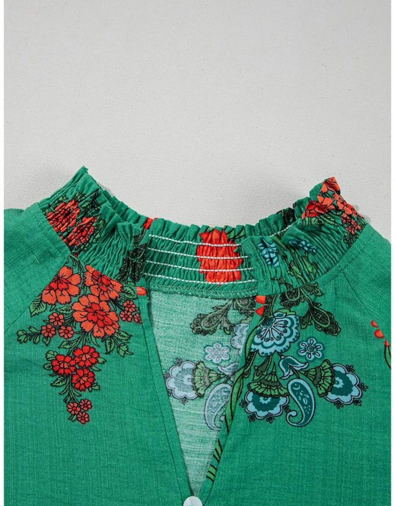 Bright Green Floral Print Buttoned V Neck Short Sleeve Blouse