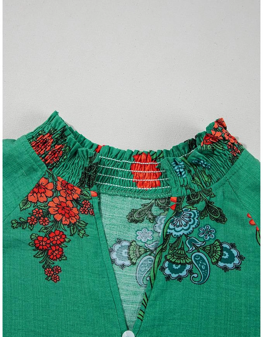 Bright Green Floral Print Buttoned V Neck Short Sleeve Blouse