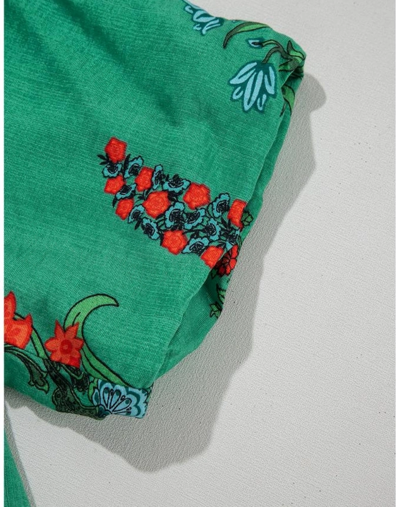 Bright Green Floral Print Buttoned V Neck Short Sleeve Blouse