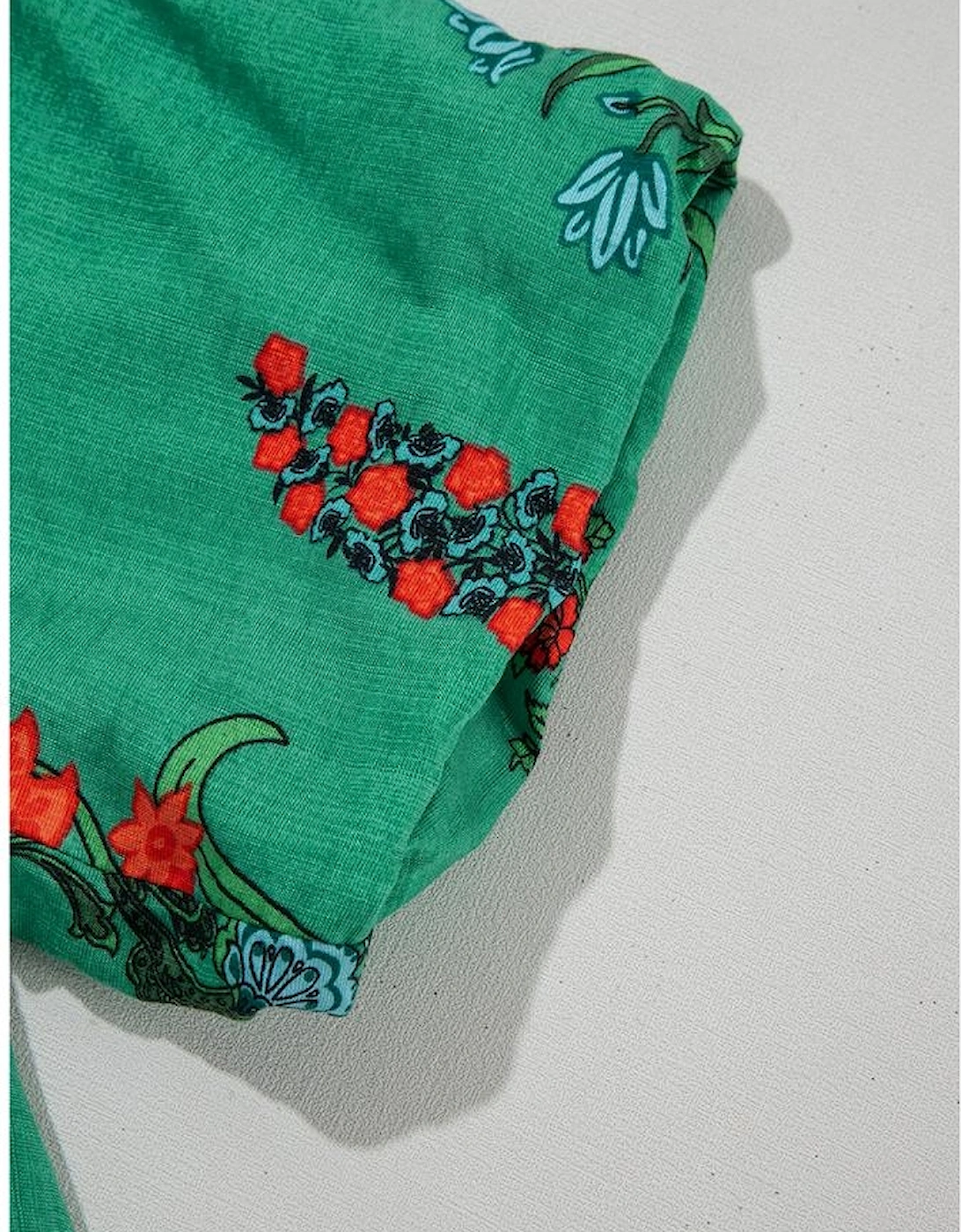 Bright Green Floral Print Buttoned V Neck Short Sleeve Blouse