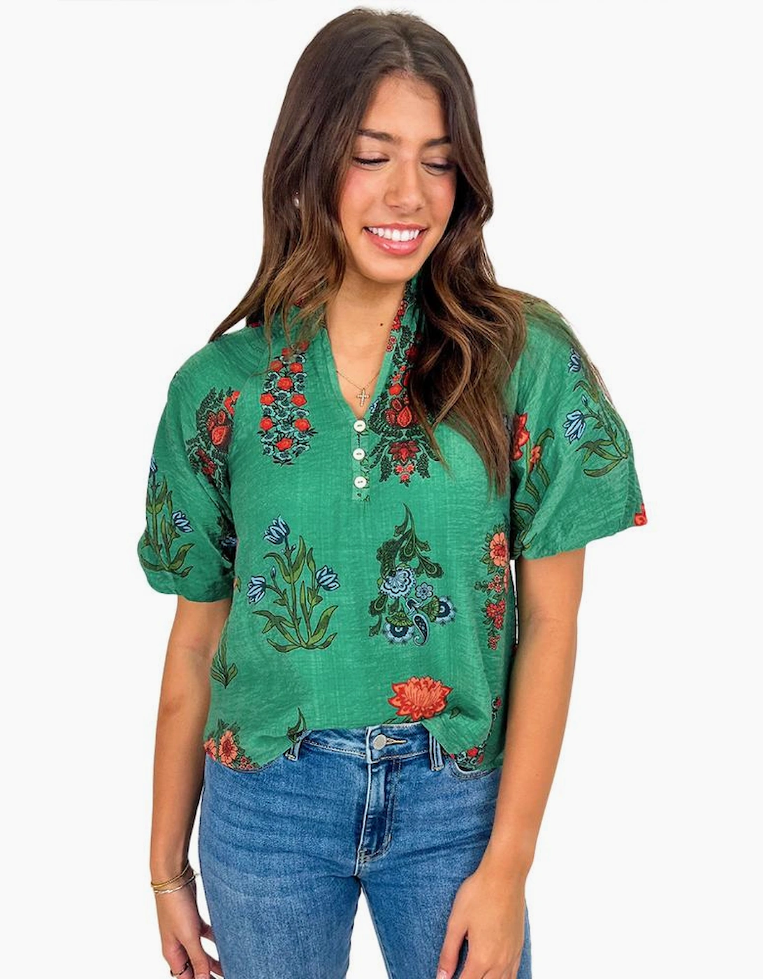 Bright Green Floral Print Buttoned V Neck Short Sleeve Blouse