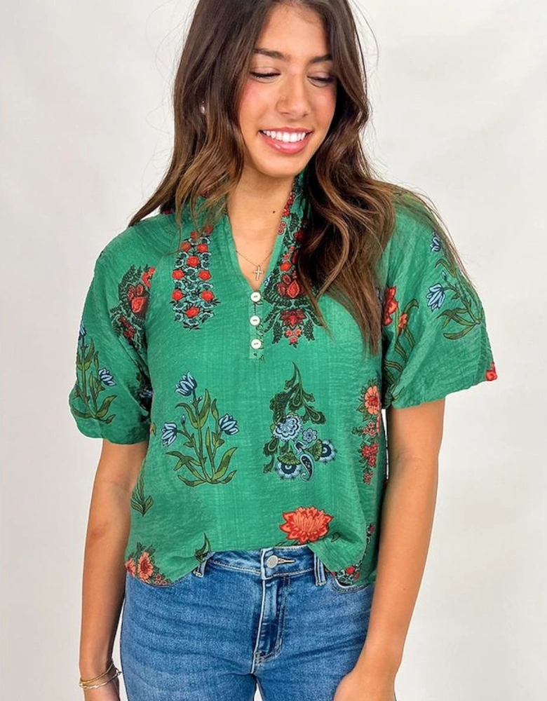 Bright Green Floral Print Buttoned V Neck Short Sleeve Blouse