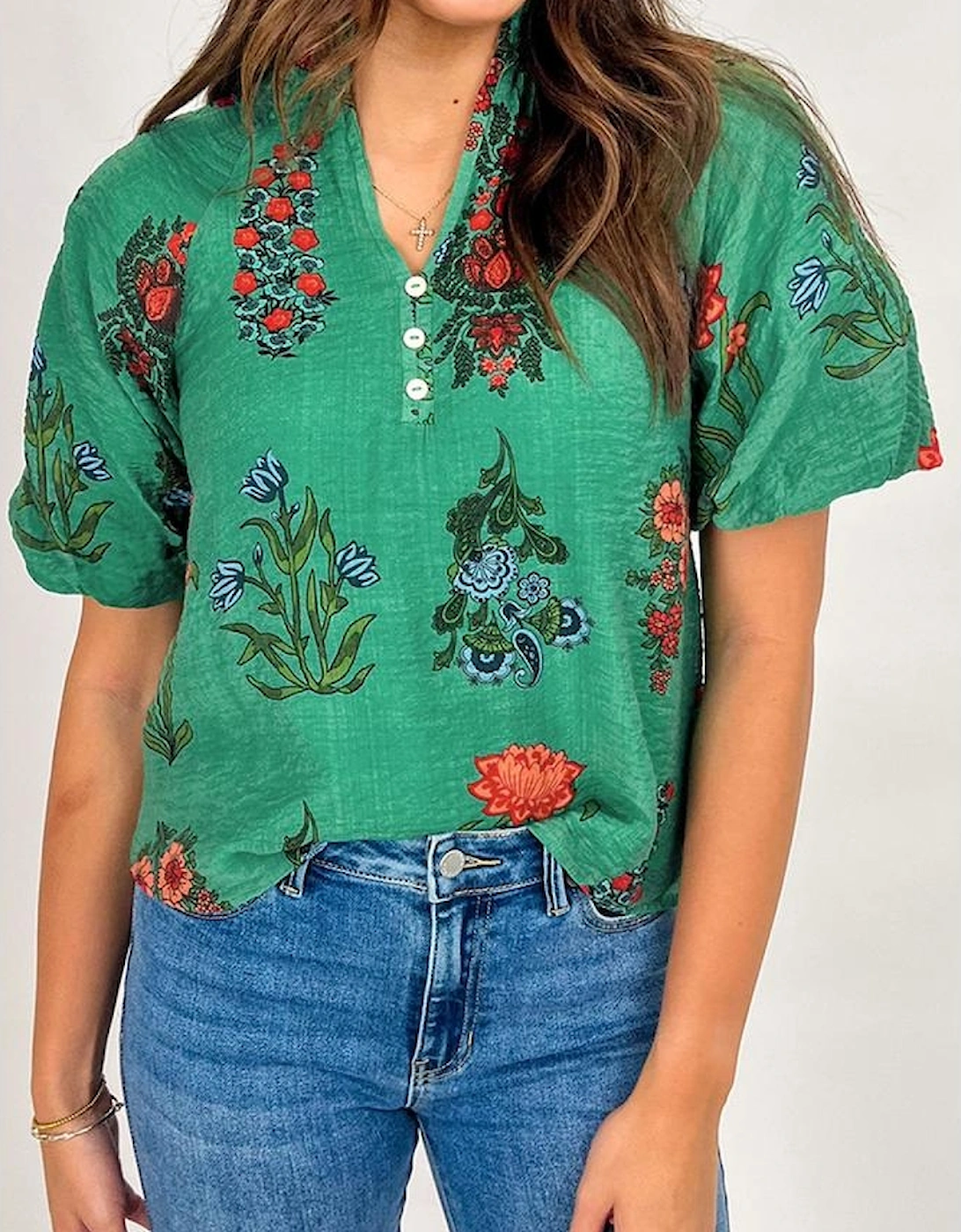Bright Green Floral Print Buttoned V Neck Short Sleeve Blouse