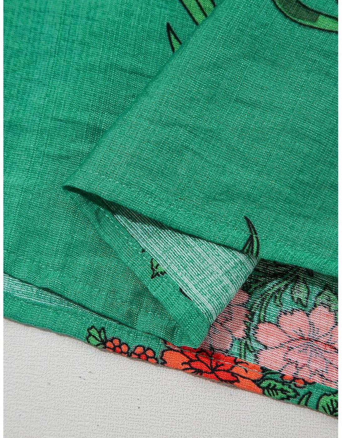 Bright Green Floral Print Buttoned V Neck Short Sleeve Blouse