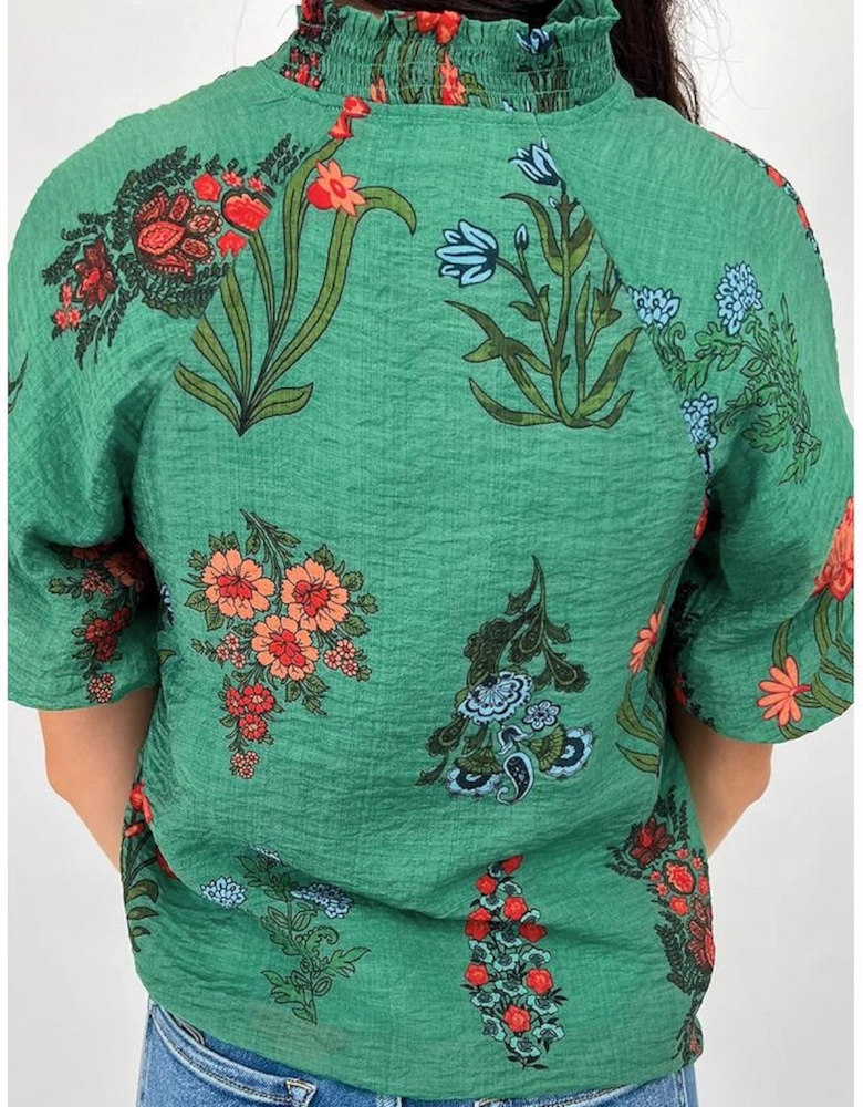 Bright Green Floral Print Buttoned V Neck Short Sleeve Blouse