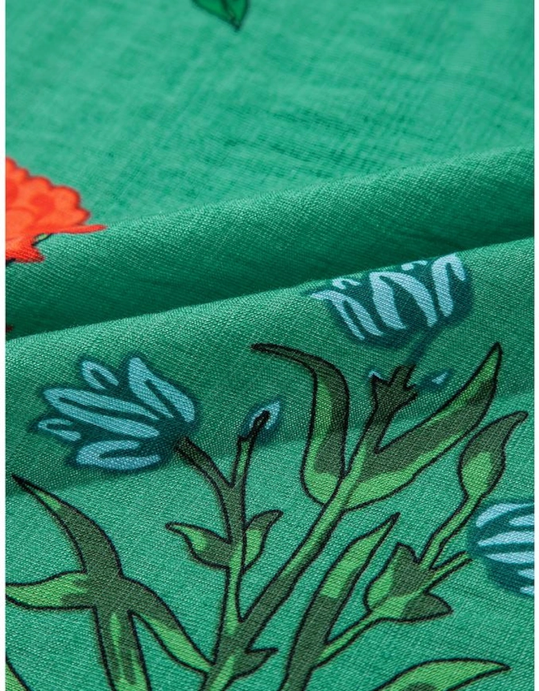 Bright Green Floral Print Buttoned V Neck Short Sleeve Blouse