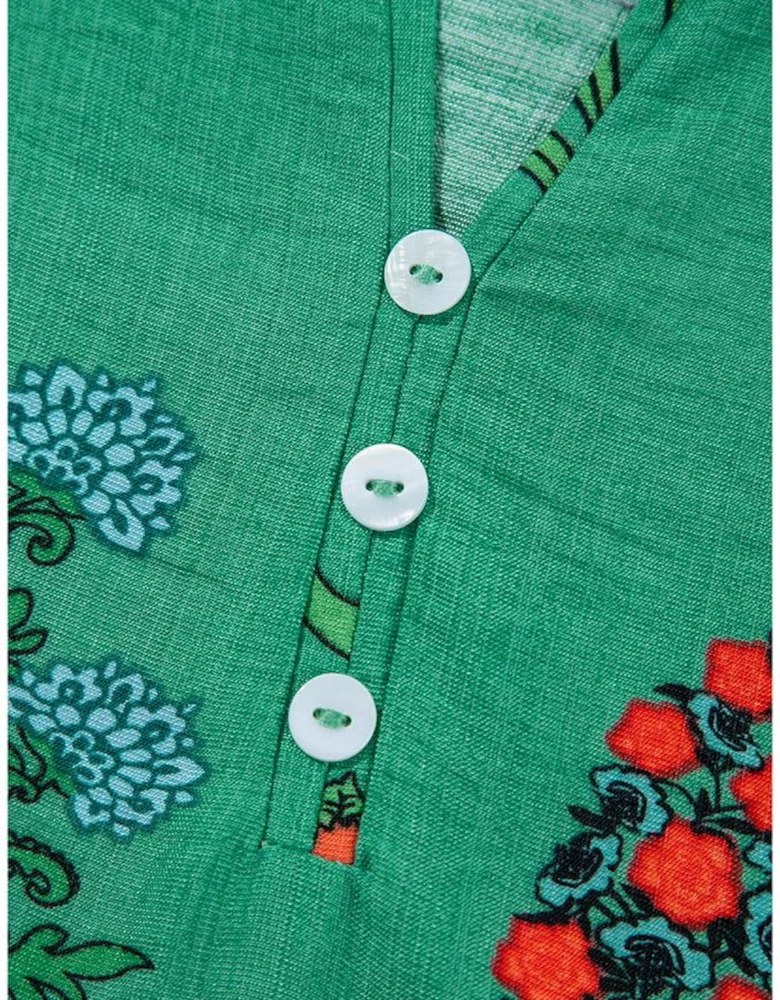 Bright Green Floral Print Buttoned V Neck Short Sleeve Blouse