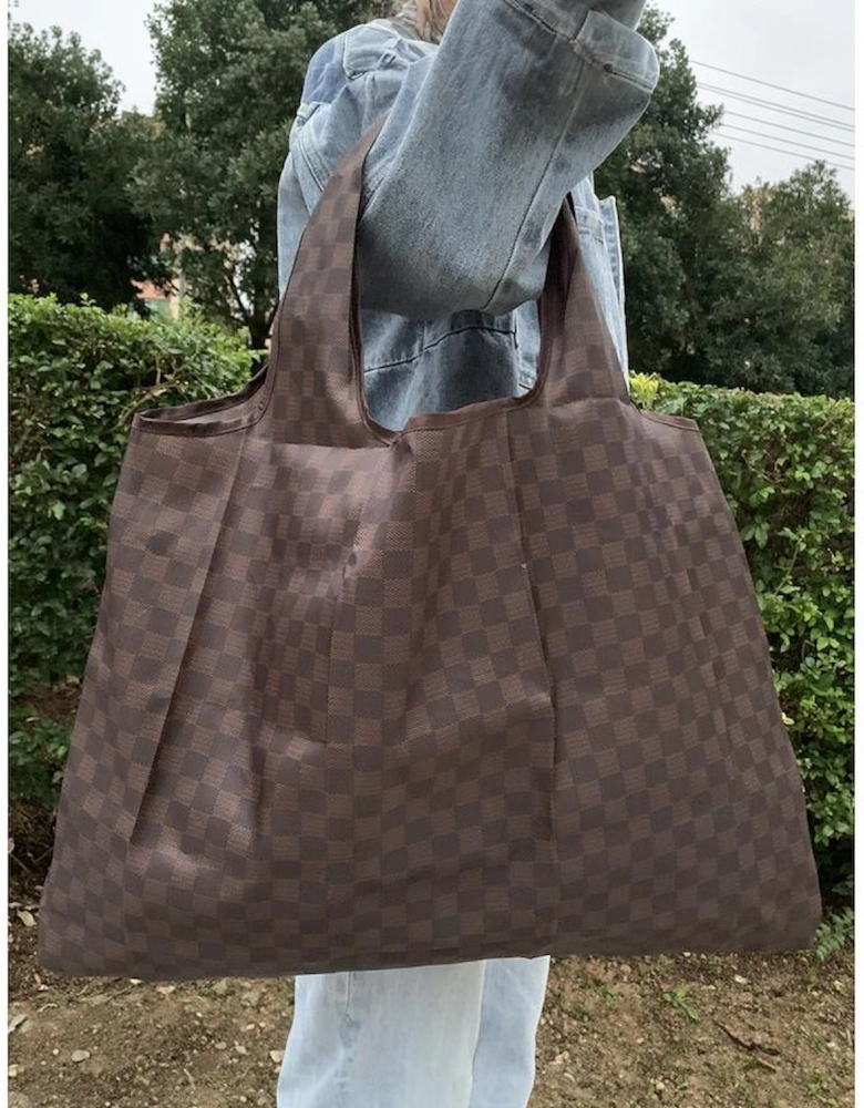 Coffee Trendy Checkered Pattern Large Portable Tote Bag