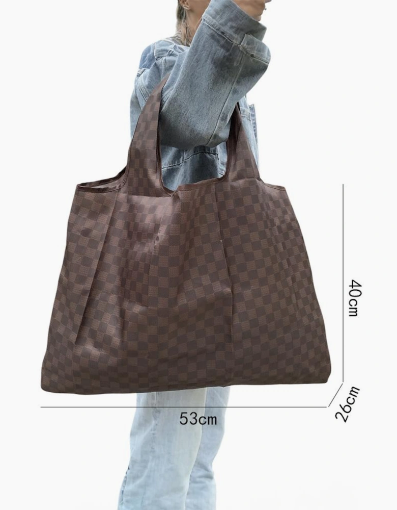 Coffee Trendy Checkered Pattern Large Portable Tote Bag
