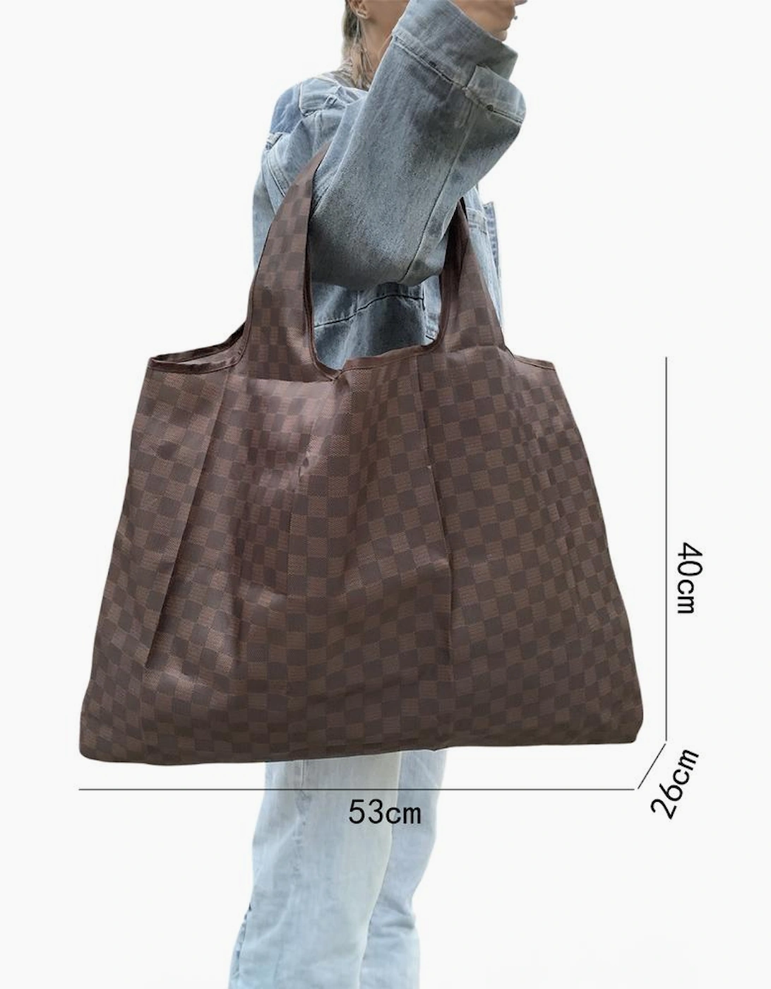 Coffee Trendy Checkered Pattern Large Portable Tote Bag