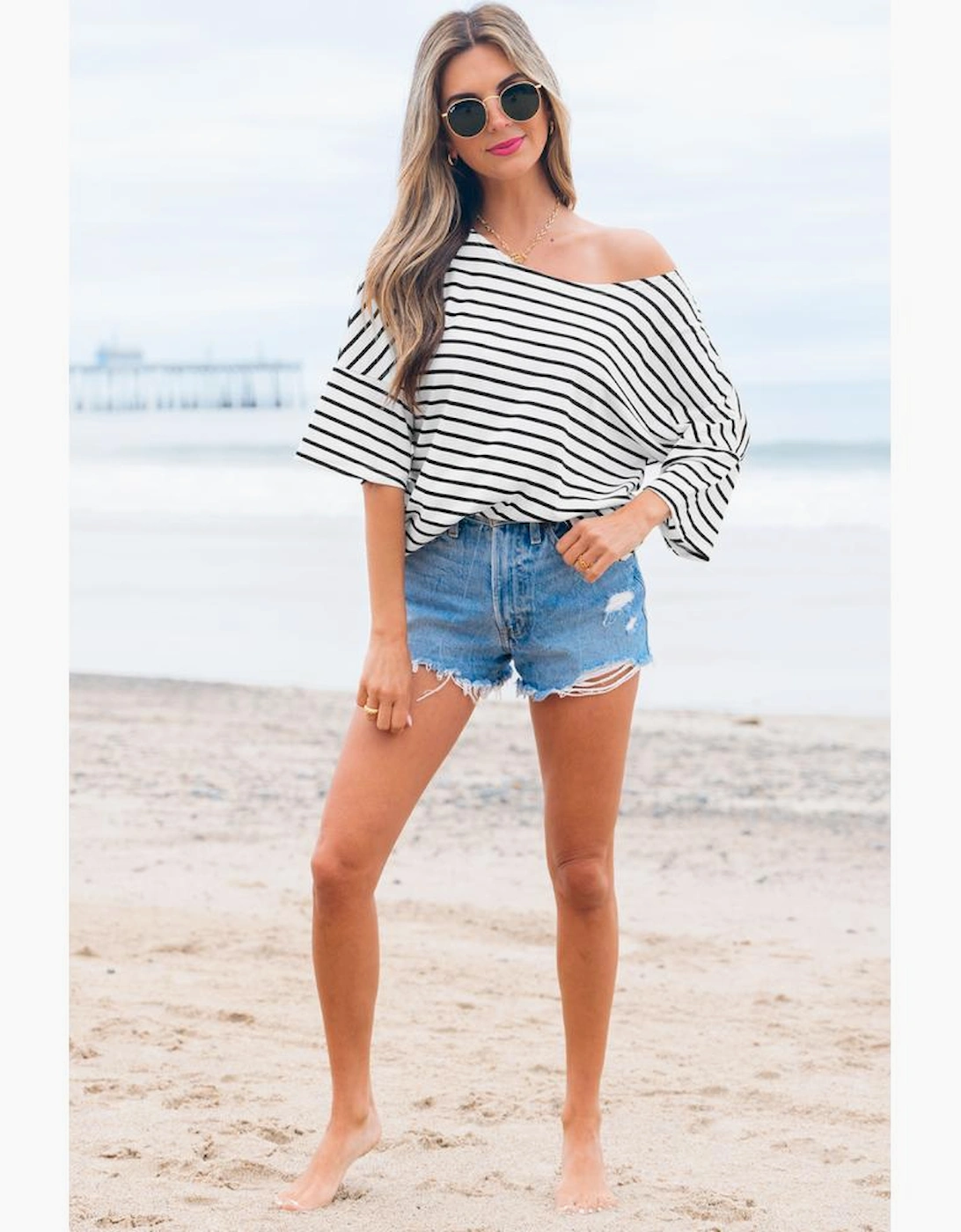 Black Stripe Half Sleeve Scoop Neck Loose Top