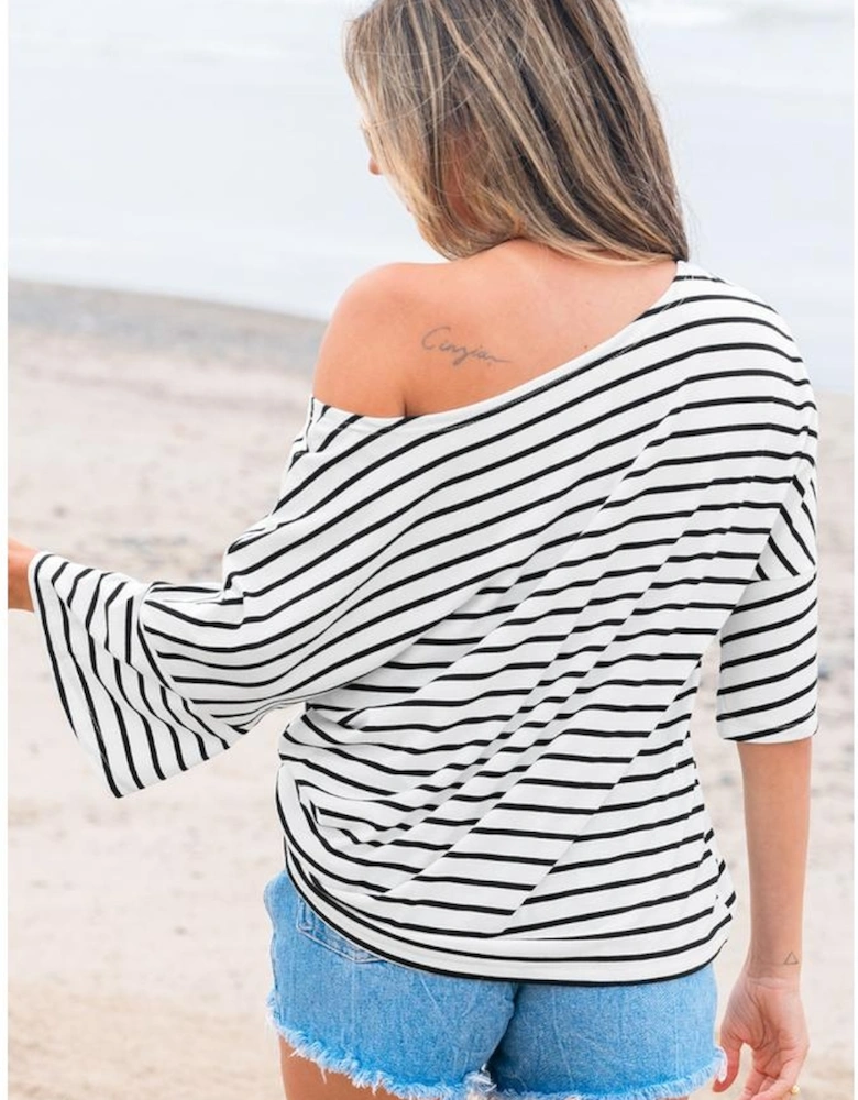 Black Stripe Half Sleeve Scoop Neck Loose Top