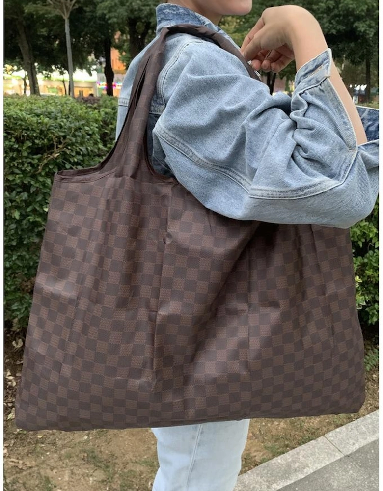 Coffee Trendy Checkered Pattern Large Portable Tote Bag