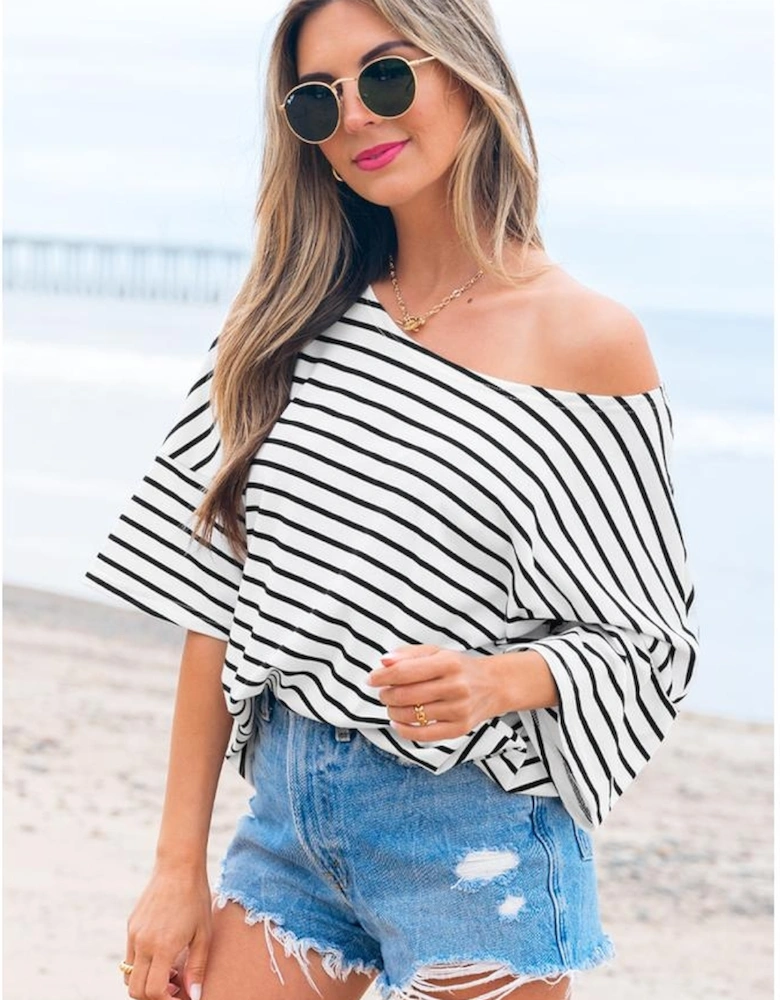 Black Stripe Half Sleeve Scoop Neck Loose Top
