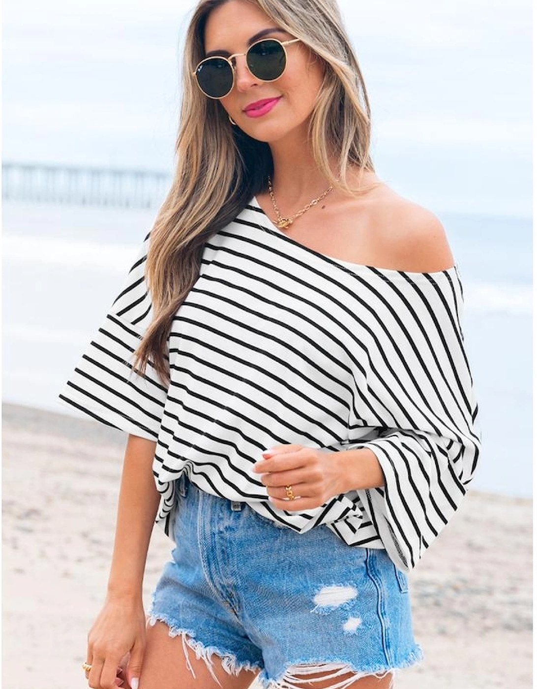 Black Stripe Half Sleeve Scoop Neck Loose Top