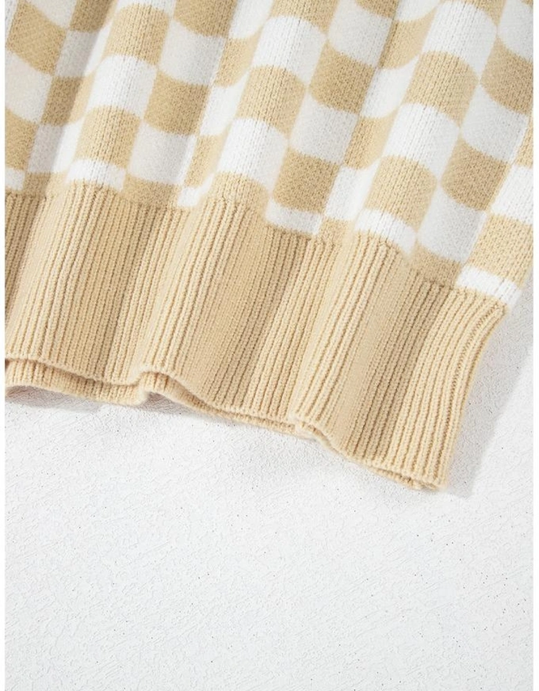 Apricot Checkered Buttons Collar V Neck Drop Shoulder Sweater