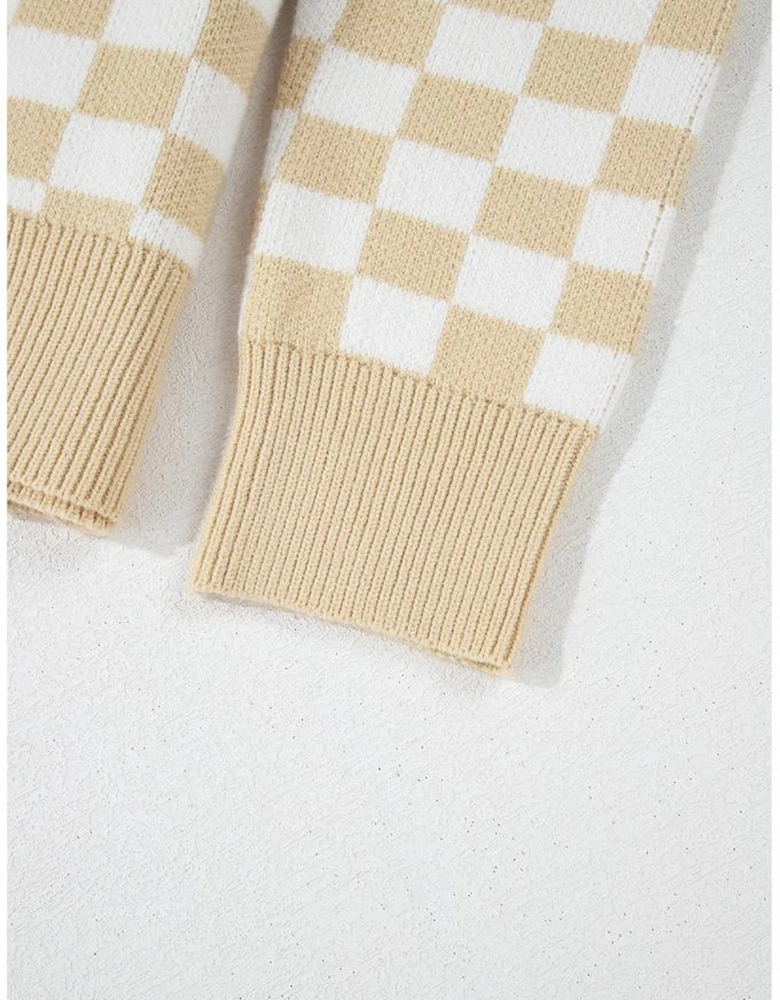 Apricot Checkered Buttons Collar V Neck Drop Shoulder Sweater