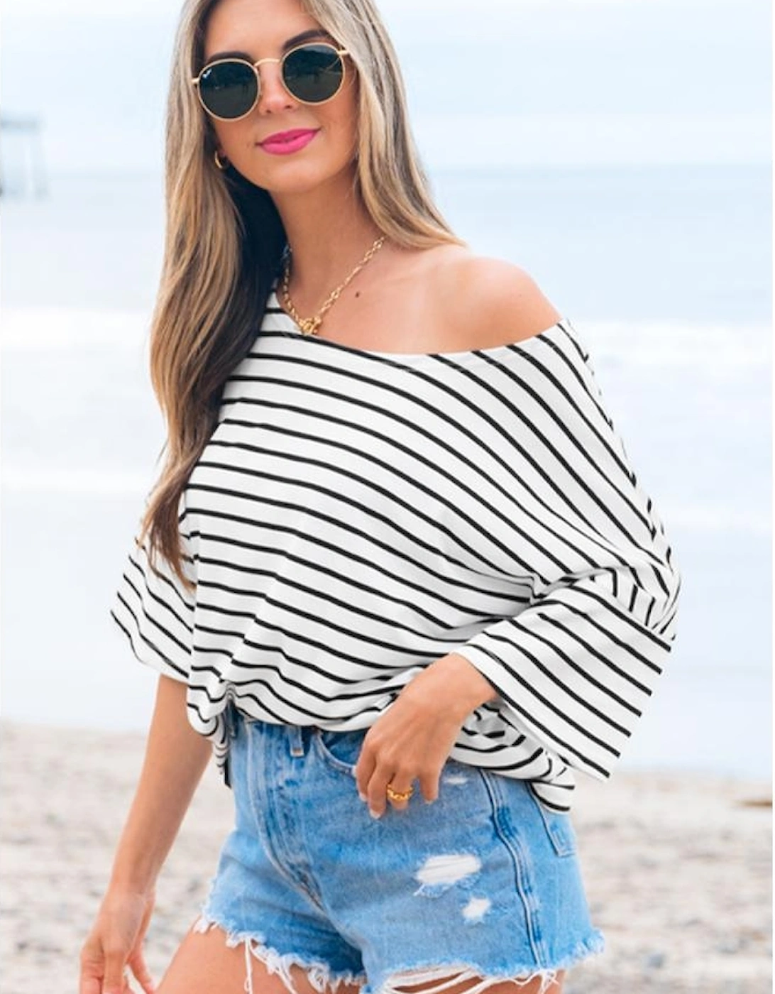 Black Stripe Half Sleeve Scoop Neck Loose Top