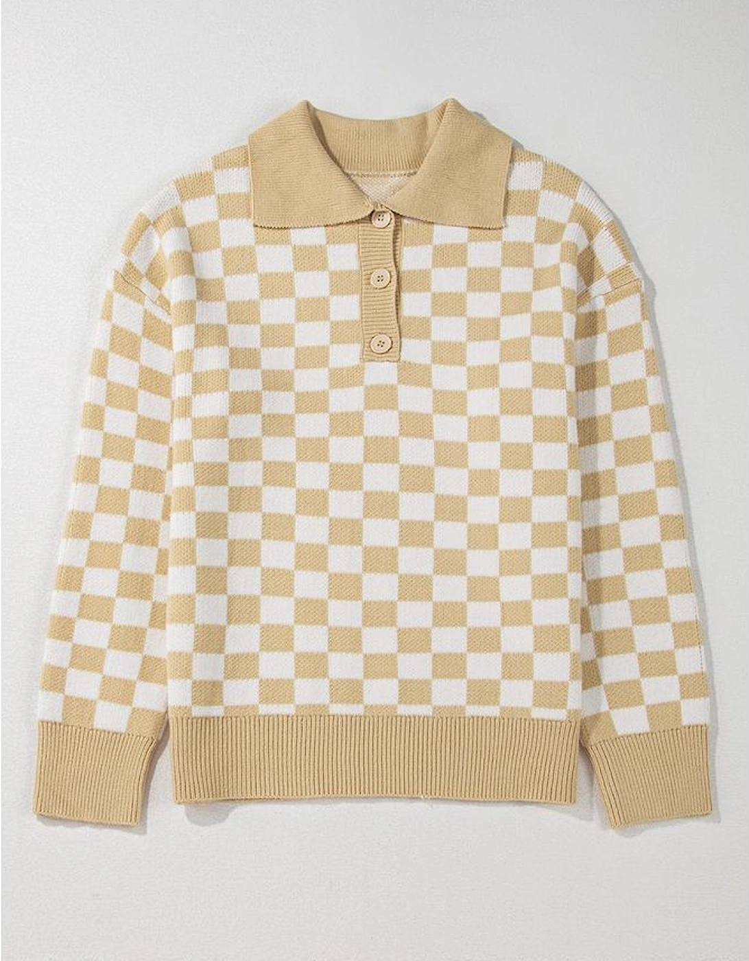 Apricot Checkered Buttons Collar V Neck Drop Shoulder Sweater