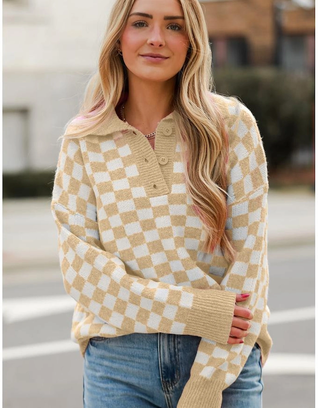 Apricot Checkered Buttons Collar V Neck Drop Shoulder Sweater