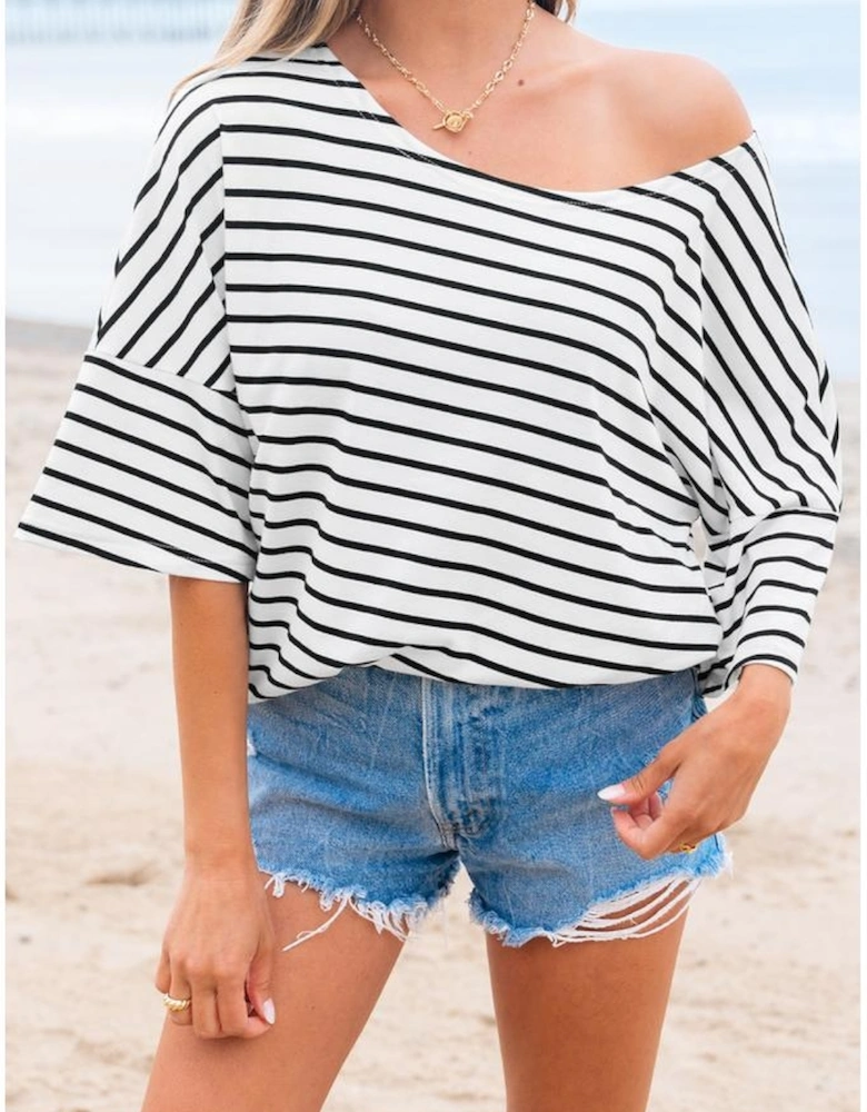Black Stripe Half Sleeve Scoop Neck Loose Top