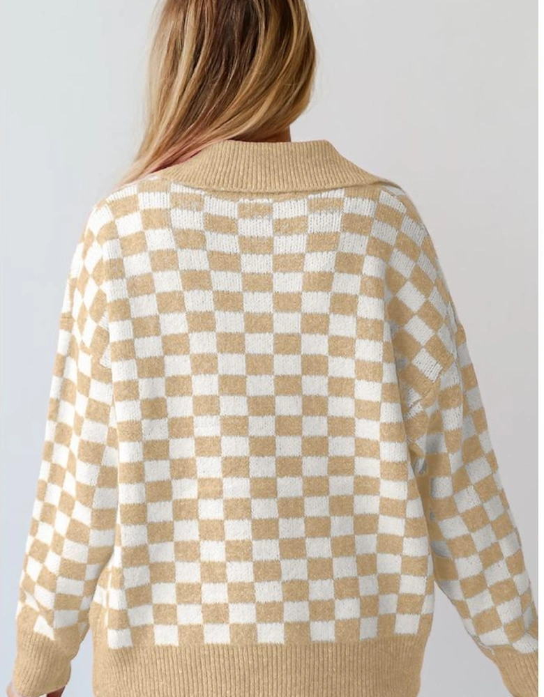 Apricot Checkered Buttons Collar V Neck Drop Shoulder Sweater