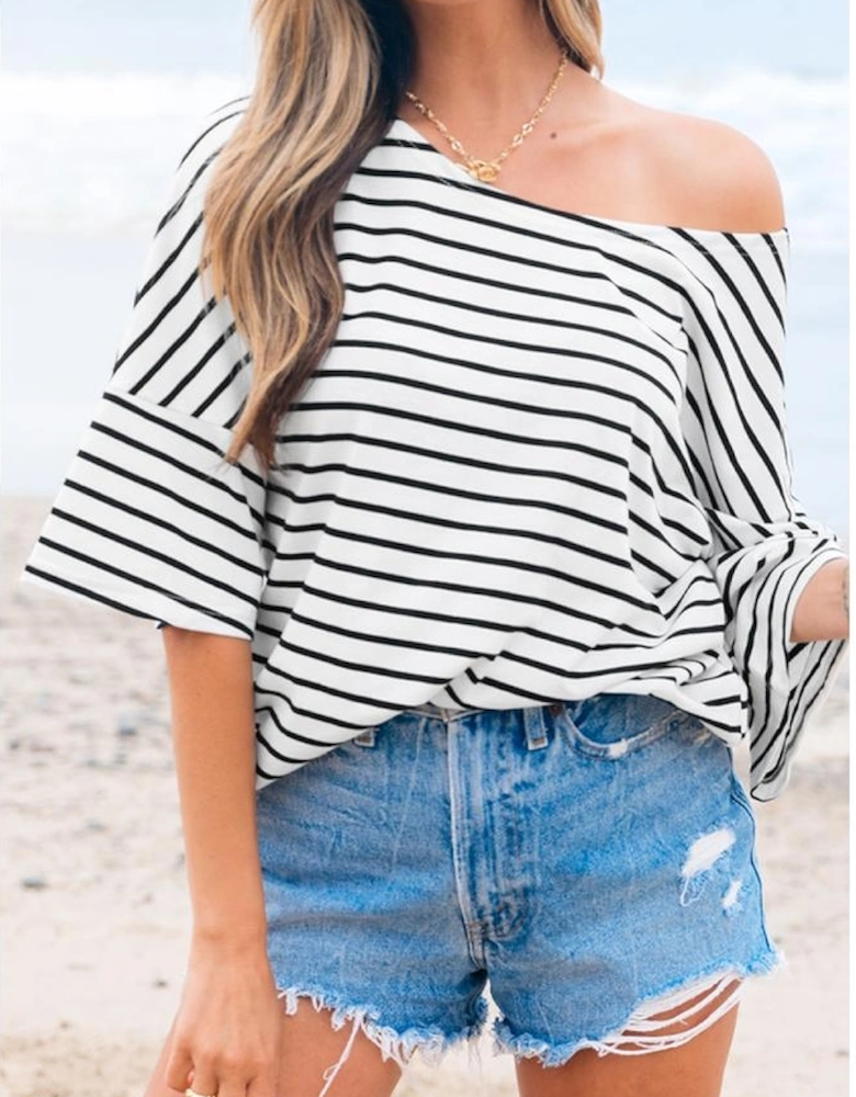 Black Stripe Half Sleeve Scoop Neck Loose Top
