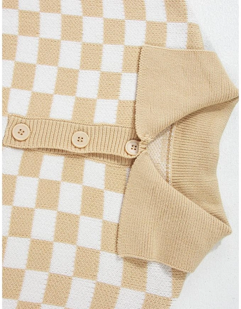 Apricot Checkered Buttons Collar V Neck Drop Shoulder Sweater